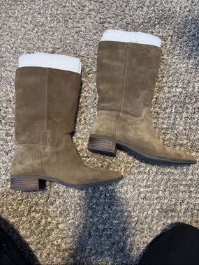 Lucky Brand Taupe Suede Mid-Calf Heeled Boots
